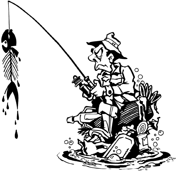 Fisherman catching dead fish vinyl sticker. Customize on line. Environment Pollution Conservation 034-0071